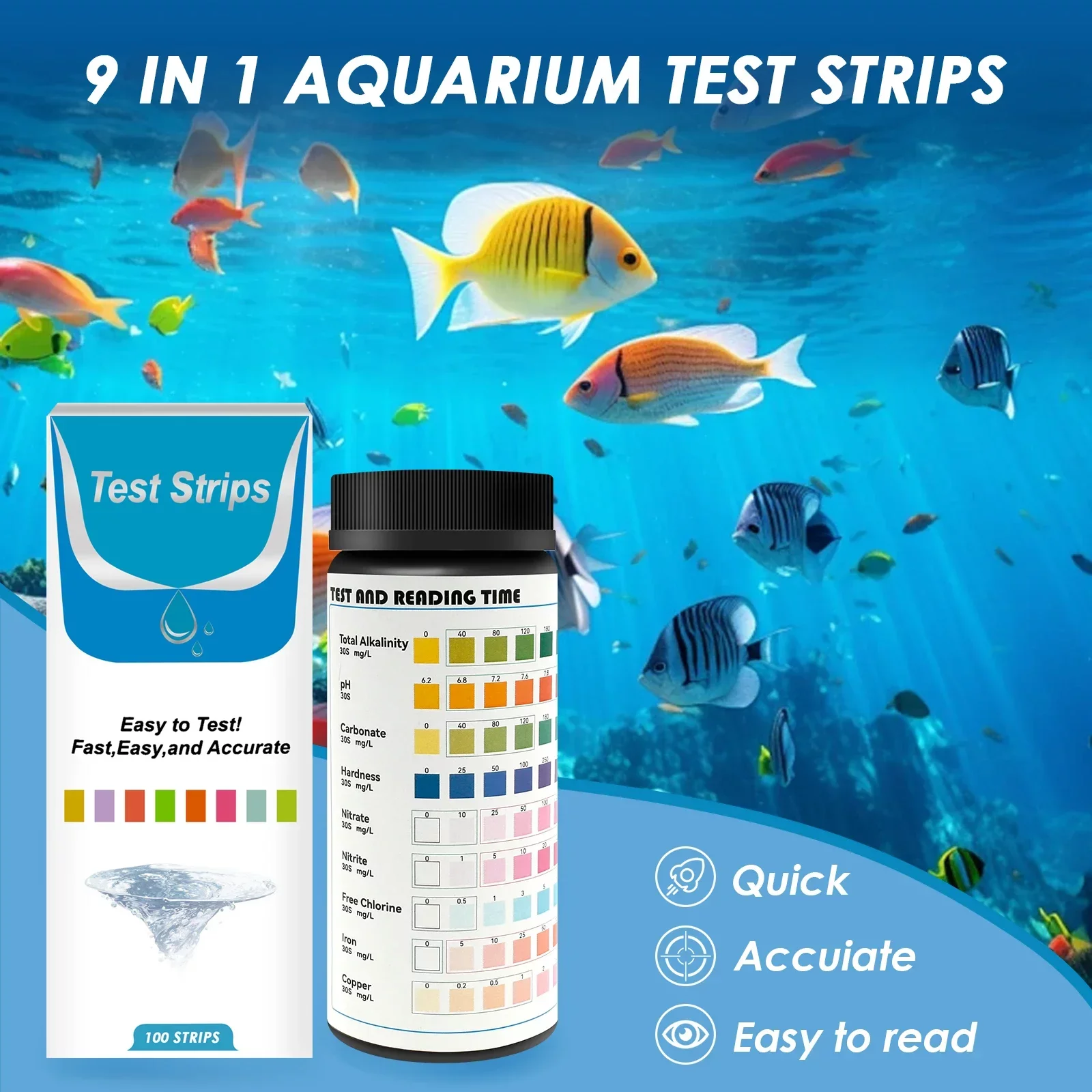 Kit de test d'eau 9-en-1 pour aquarium, 100 bandelettes avec tube à essai