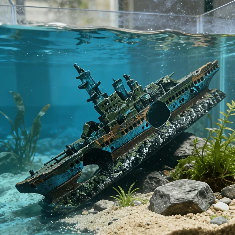 Décoration d'aquarium épave en résine, roche texturée et cachettes