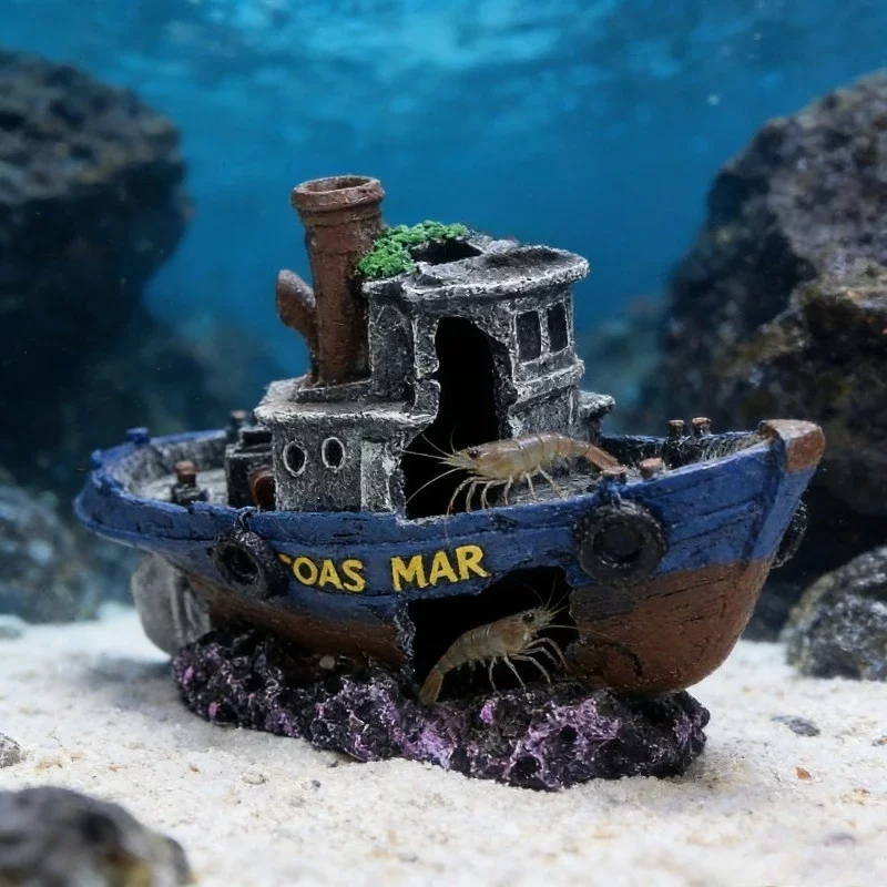 Ornement d'aquarium épave de navire pirate en résine avec cachettes