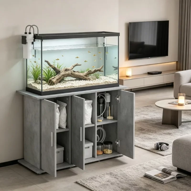 Support d'aquarium en composite bois gris béton, 101 x 41 x 58 cm